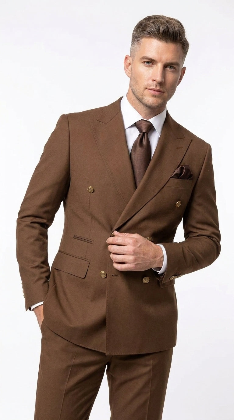 Rossi Man Men’s Brown Double Breasted Suit, Modern Fit Formal Wedding Business Dress Suit