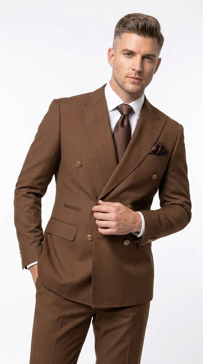 Rossi Man Men’s Brown Double Breasted Suit, Modern Fit Formal Wedding Business Dress Suit