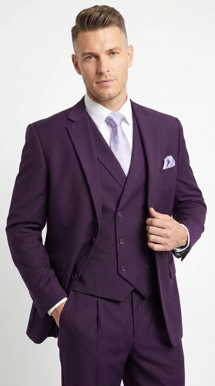 Men’s Purple Two Button Fashion Suit with Double Breasted Vest, Formal Wedding Prom Dress Suit
