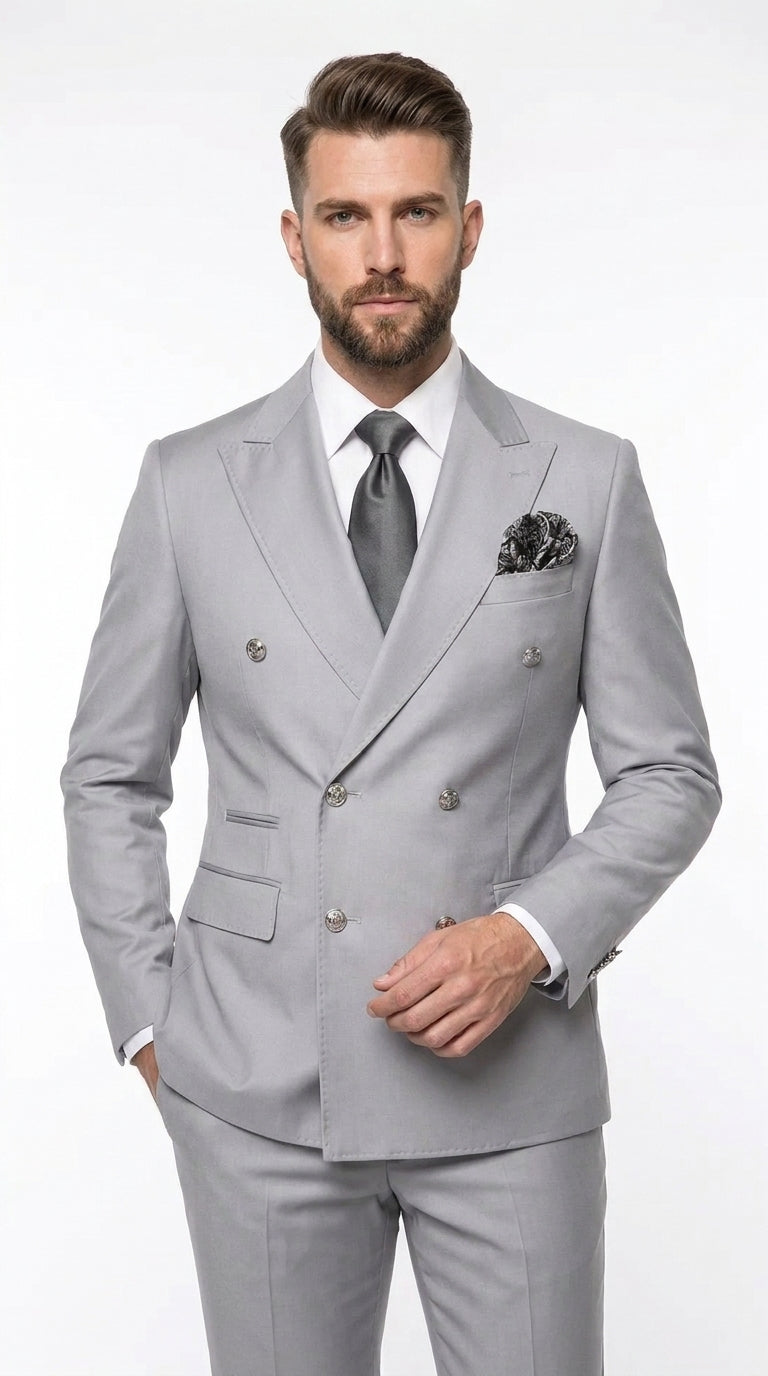 Rossi Man Men’s Silver Double Breasted Suit, Modern Fit Formal Wedding Prom Business Suit