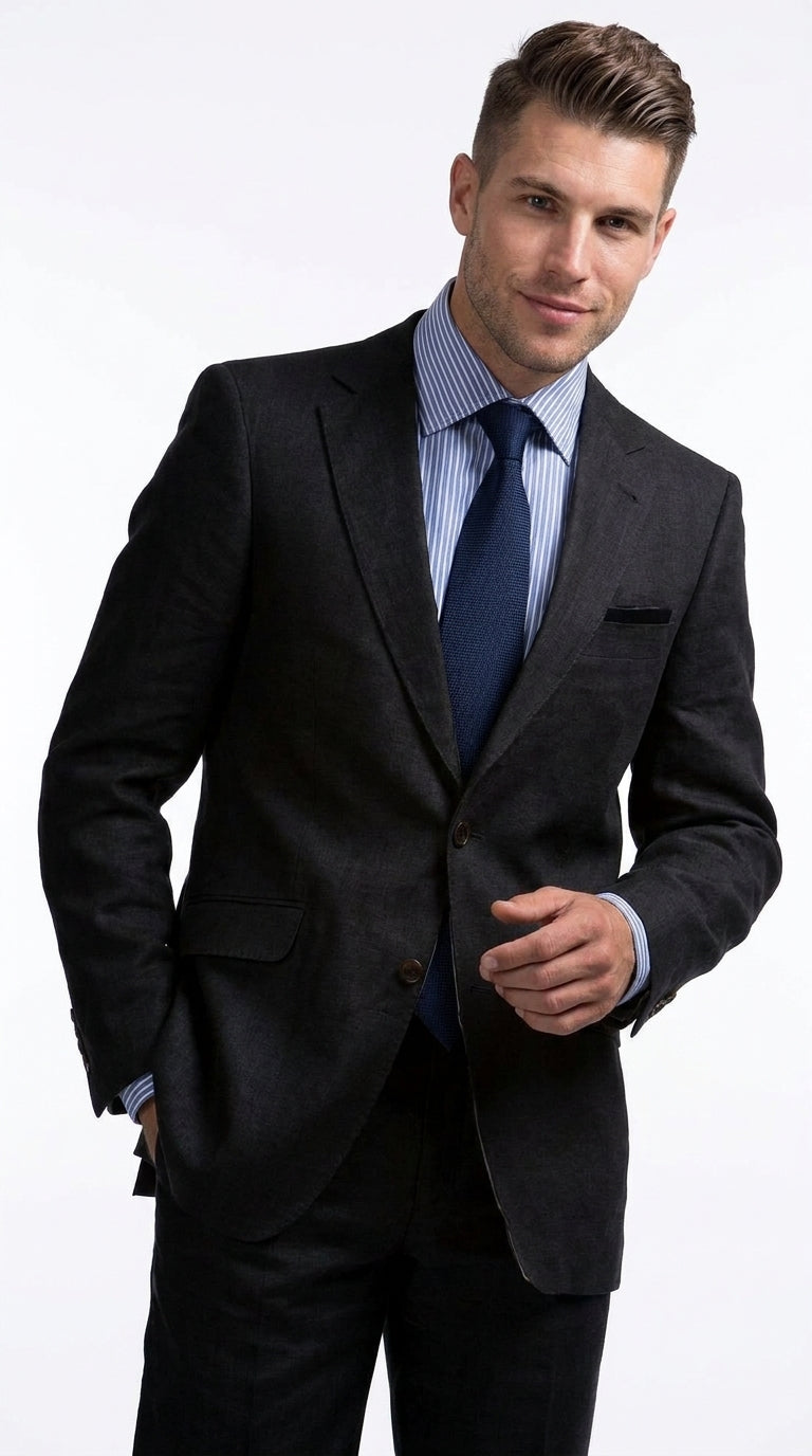 Men’s Black Linen Summer Suit – Big & Tall Beach Wedding 2-Piece Suit