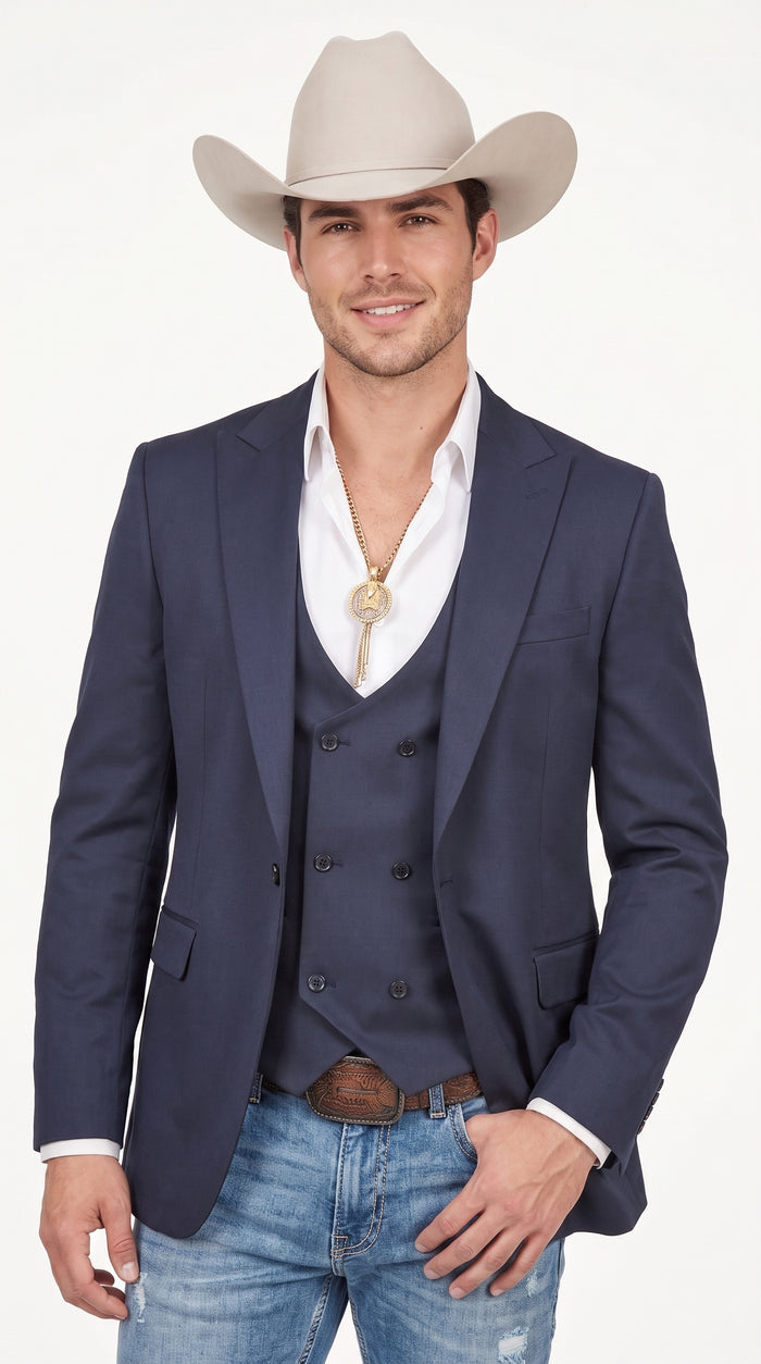 Men’s Navy Western Suit Blazer with Double Breasted Vest, Modern Cowboy Formal Outfit