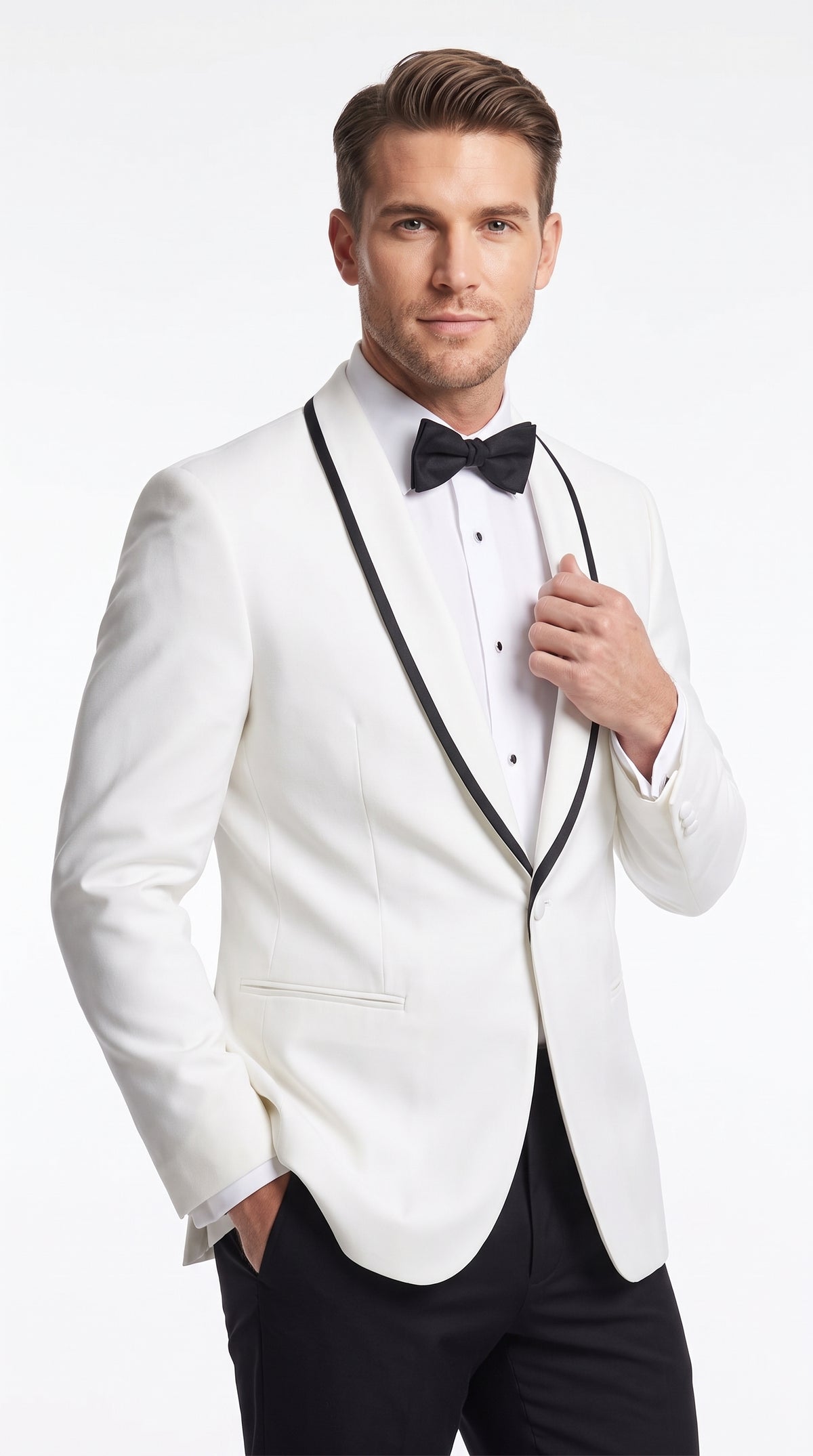 Men’s White and Black Trim Prom Tuxedo Suit, Shawl Collar Wedding Jacket with Pants and Vest