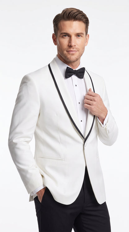 Men’s White and Black Trim Prom Tuxedo Suit, Shawl Collar Wedding Jacket with Pants and Vest