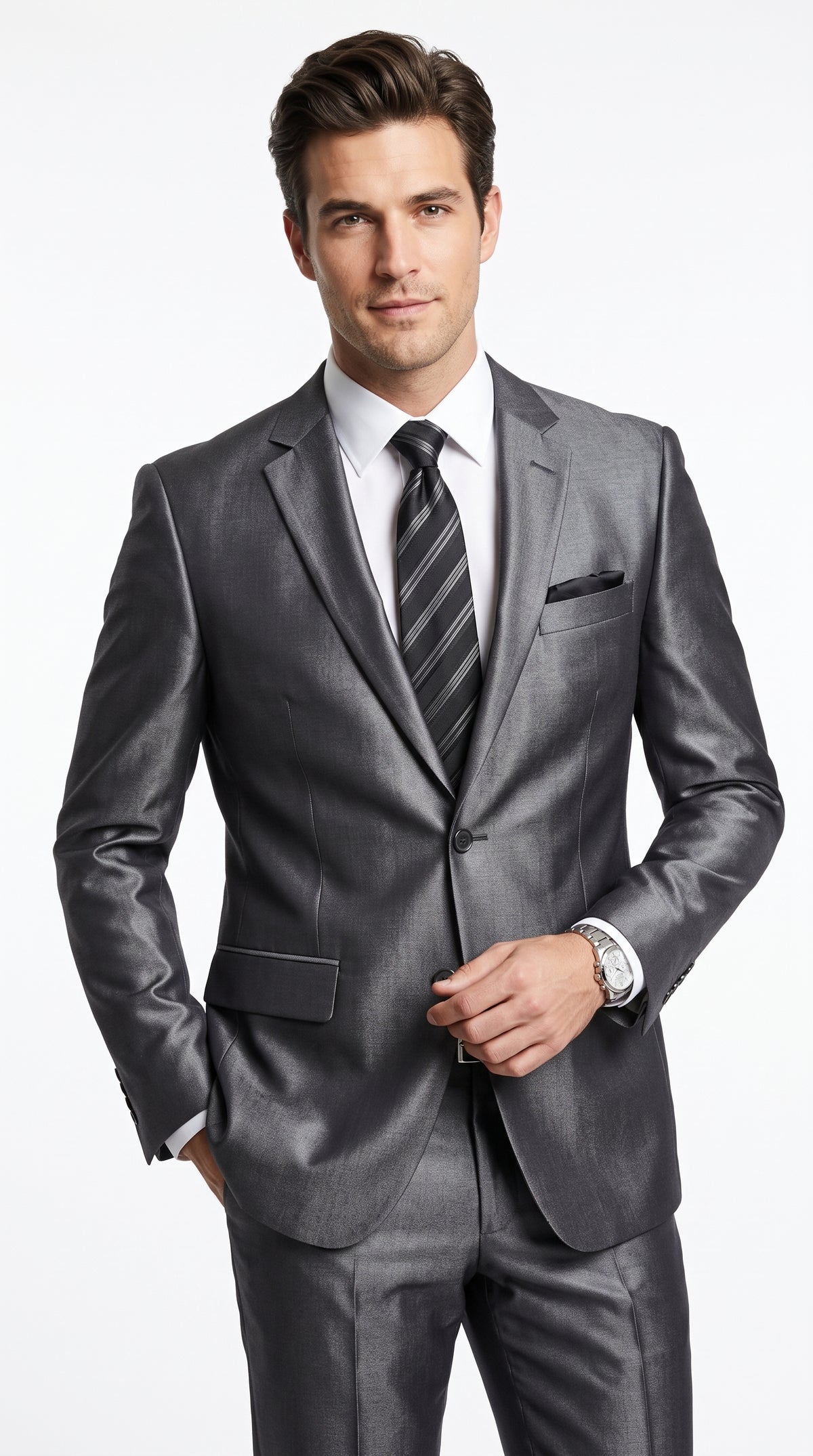 Men’s Gray Silver Sharkskin Suit, Slim Fit Shiny Formal Wedding Business Suit