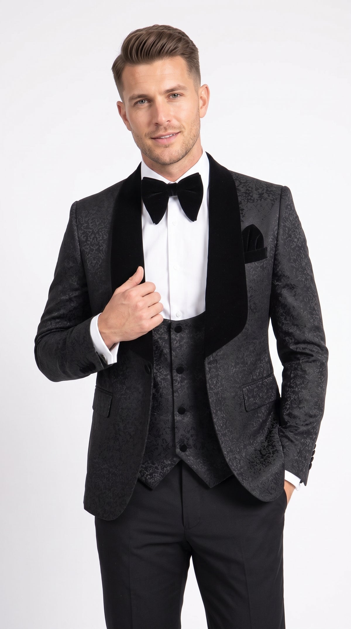 Rossi Man RM1446 Men’s Black Floral Jacquard 3 Piece Smoking Tuxedo Suit, Velvet Shawl Lapel Wedding Prom Suit