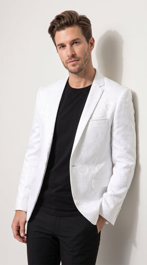 Men’s White Paisley Blazer, Formal Wedding Prom Dinner Jacket with Elegant Jacquard Pattern