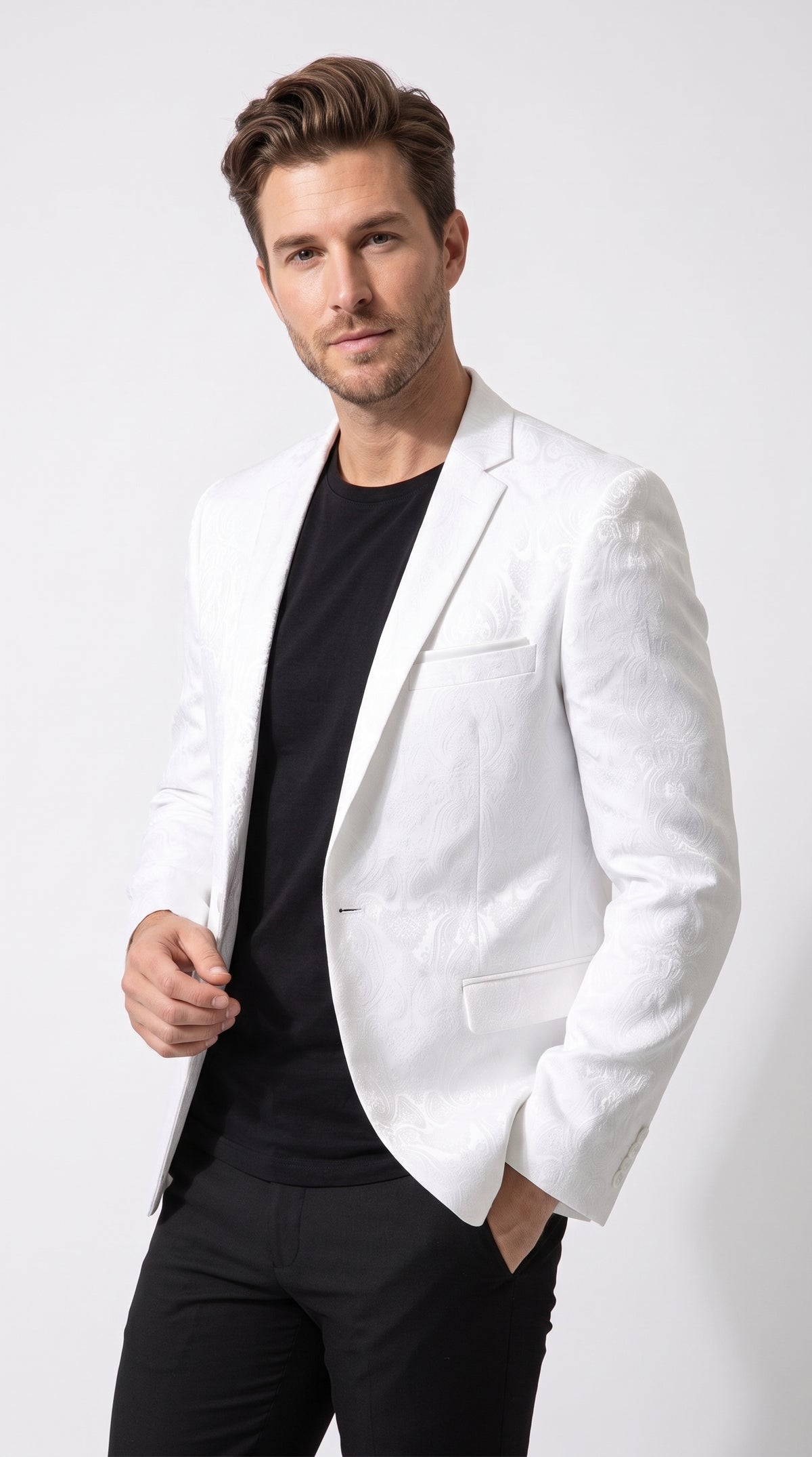 Men’s White Paisley Blazer, Formal Wedding Prom Dinner Jacket with Elegant Jacquard Pattern