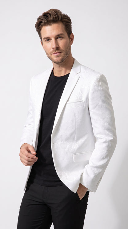 Men’s White Paisley Blazer, Formal Wedding Prom Dinner Jacket with Elegant Jacquard Pattern
