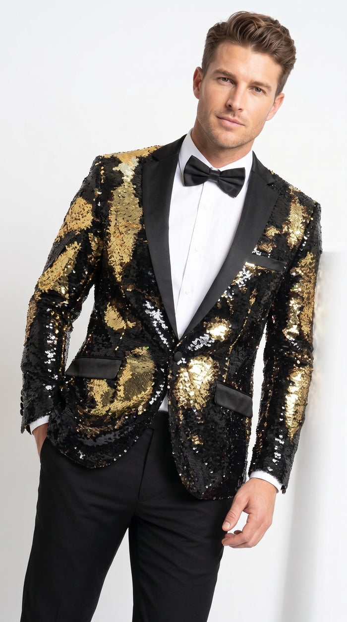 Men’s Black and Gold Reversible Sequin Blazer, Formal Party Dinner Jacket for Prom and Stage Events