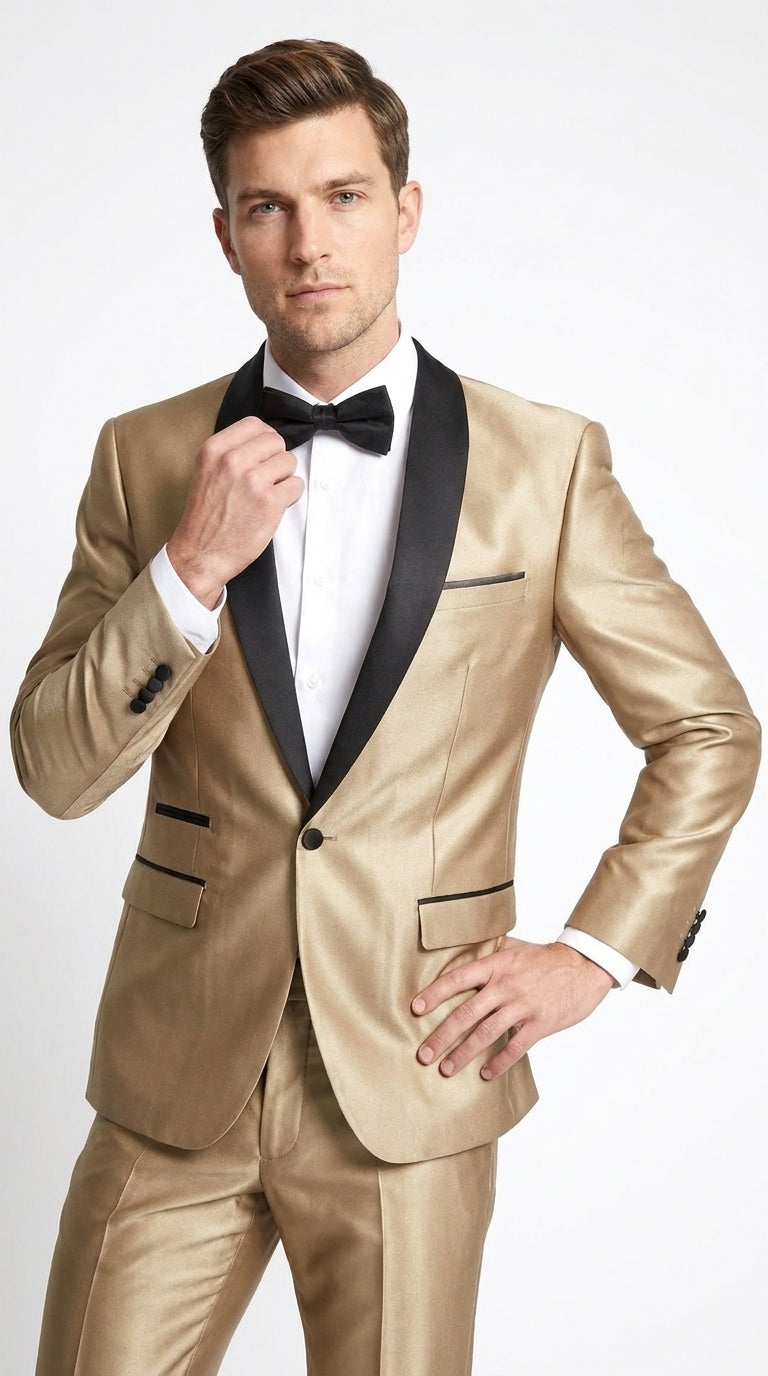 Men’s Champagne 2-Piece Tuxedo Suit with Black Shawl Lapel – Wedding & Prom