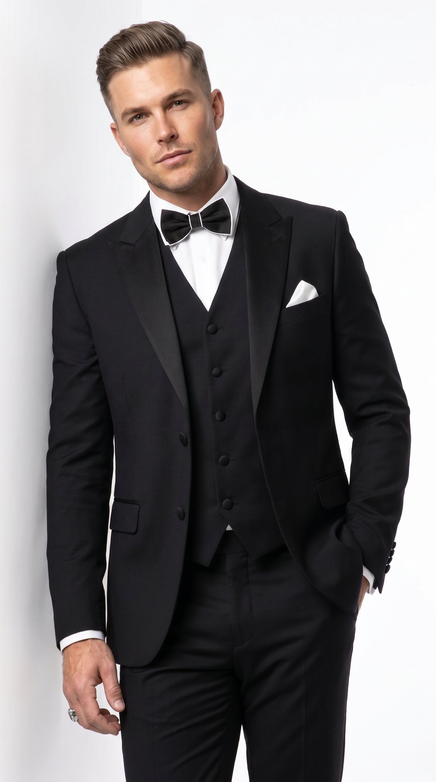 Men’s Black Great Gatsby Inspired Vested Tuxedo, Leonardo DiCaprio Style Formal Wedding Prom Suit
