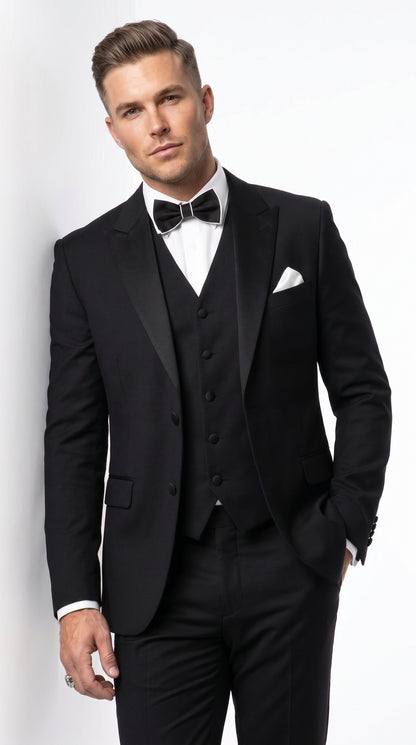 Men’s Black Great Gatsby Inspired Vested Tuxedo, Leonardo DiCaprio Style Formal Wedding Prom Suit