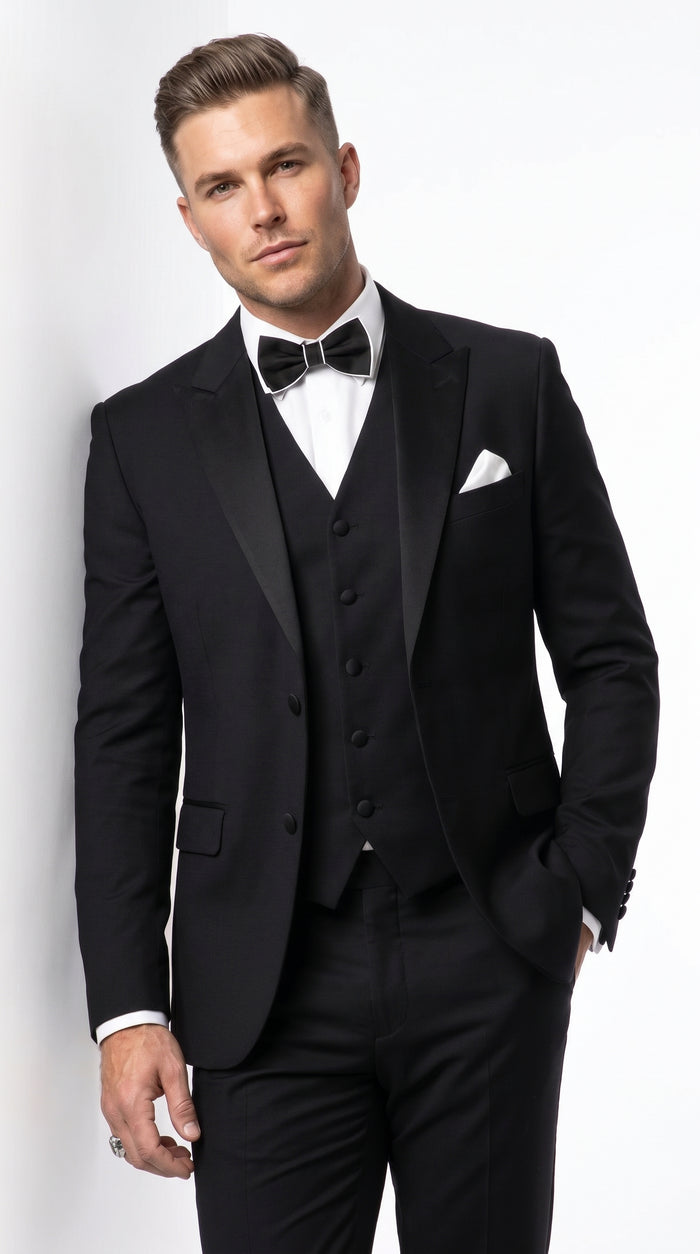 Men’s Black Great Gatsby Inspired Vested Tuxedo, Leonardo DiCaprio Style Formal Wedding Prom Suit