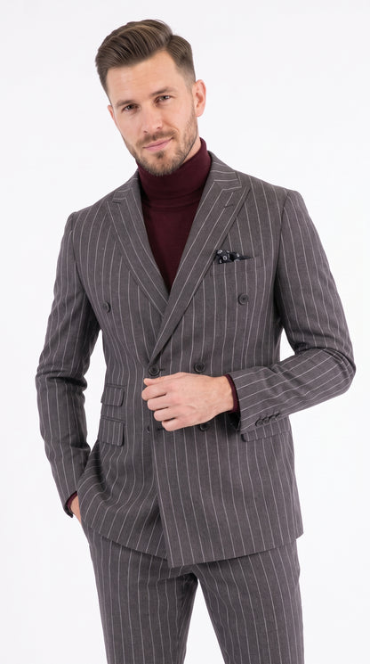 Newbury Men’s Gray Pinstripe Double Breasted Suit, Peak Lapel Formal Wedding Business Suit