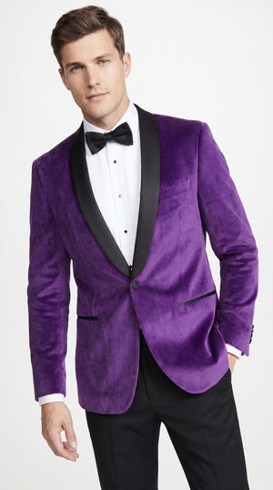 Men’s Purple Velvet Tuxedo Dinner Jacket – One Button Black Shawl Lapel Formal Blazer for Prom, Wedding and Party