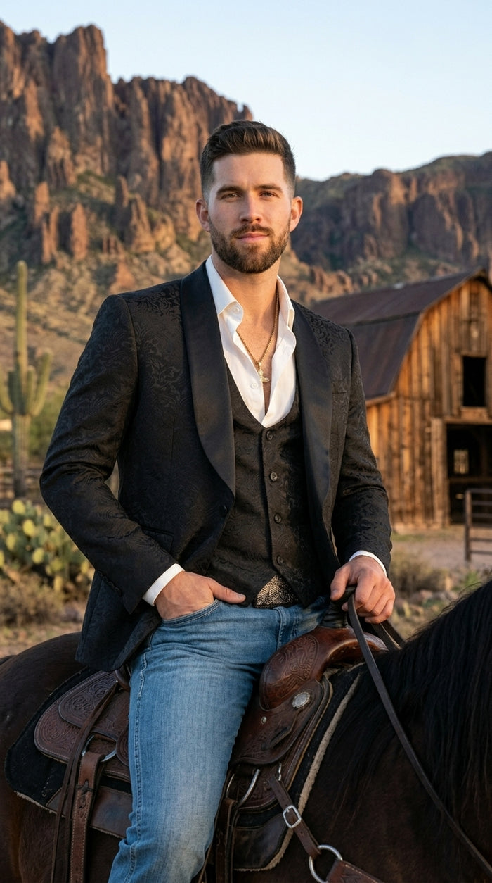 Men’s Black Paisley Jacquard Blazer with Satin Shawl Lapel, Western Formal Designer Jacket