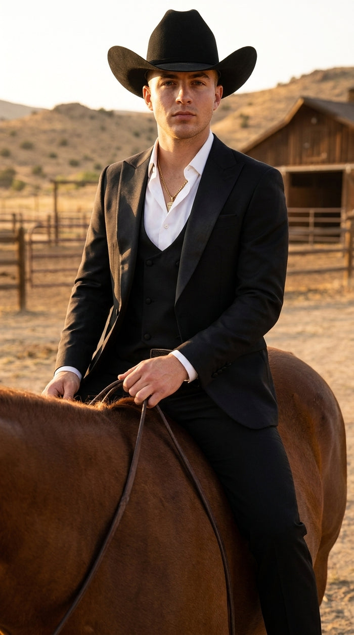 Men’s Black Western Tuxedo Suit – Satin Shawl Lapel Jacket with Double-Breasted Vest and Pants