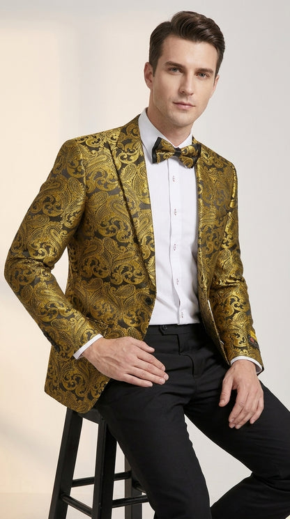 Men’s Gold Paisley Dinner Jacket Blazer – Fancy Formal Wedding Prom Party Tuxedo Jacket
