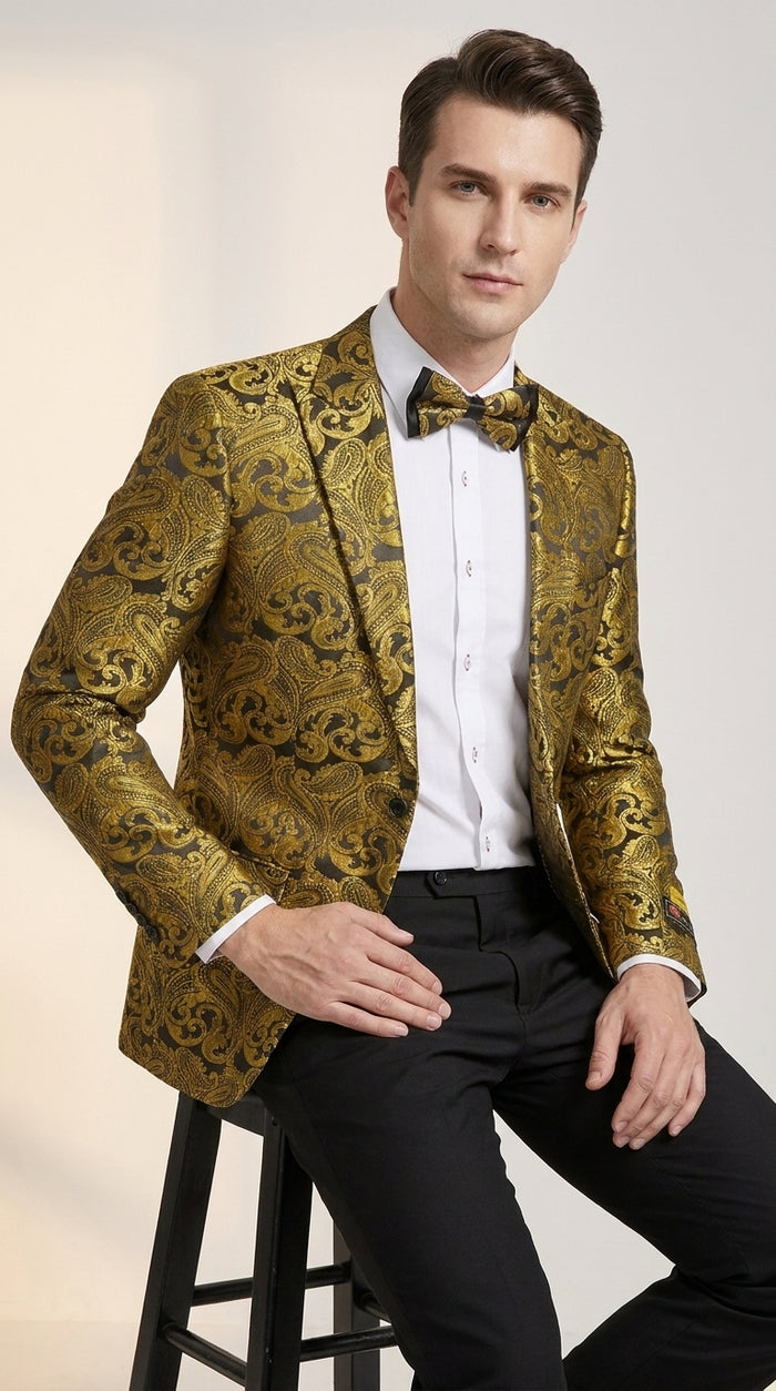 Men’s Gold Paisley Dinner Jacket Blazer – Fancy Formal Wedding Prom Party Tuxedo Jacket