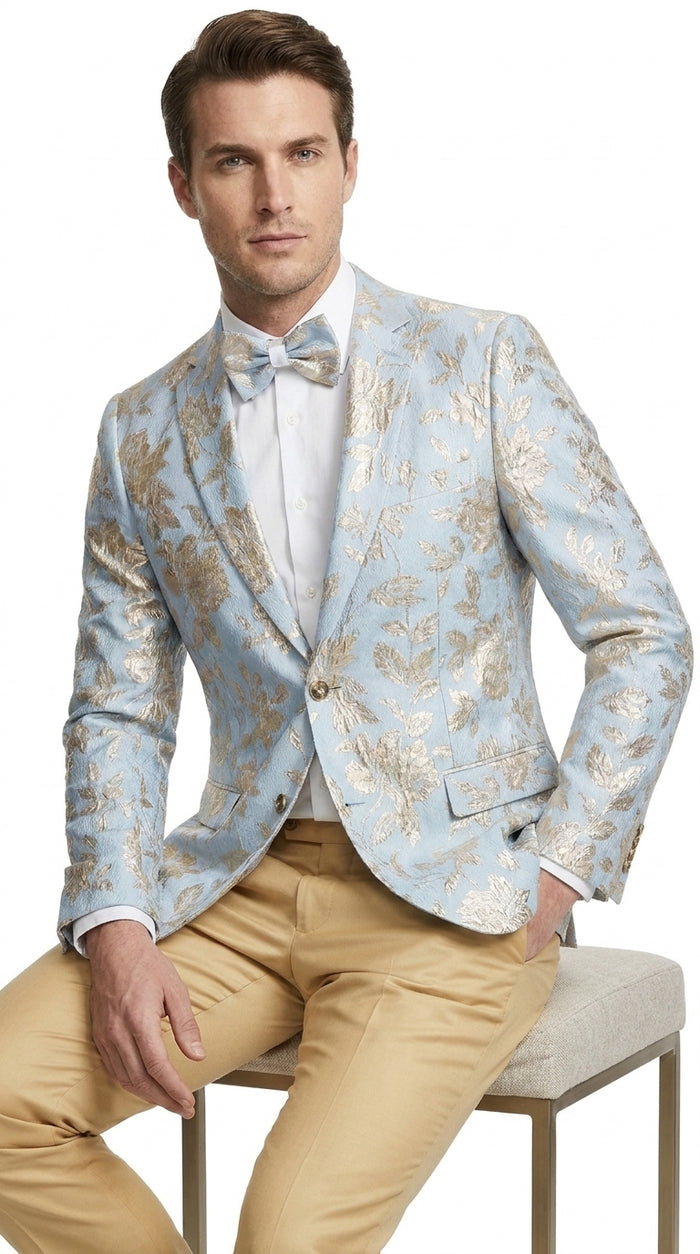 Men’s Sky Blue and Silver Foil Paisley Blazer, 2 Button Prom Wedding Party Dinner Jacket
