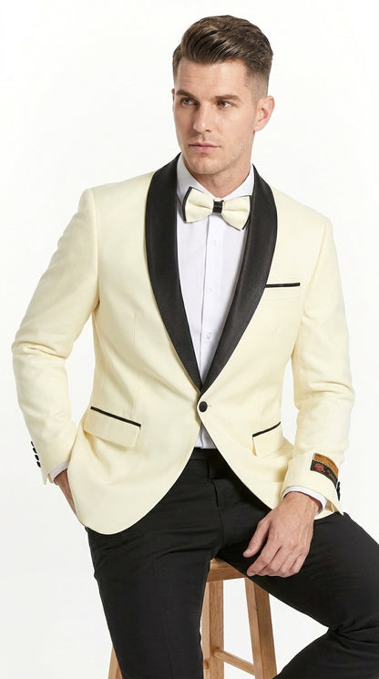 Men’s Ivory Prom Tuxedo Dinner Jacket, Black Shawl Lapel Formal Wedding Blazer