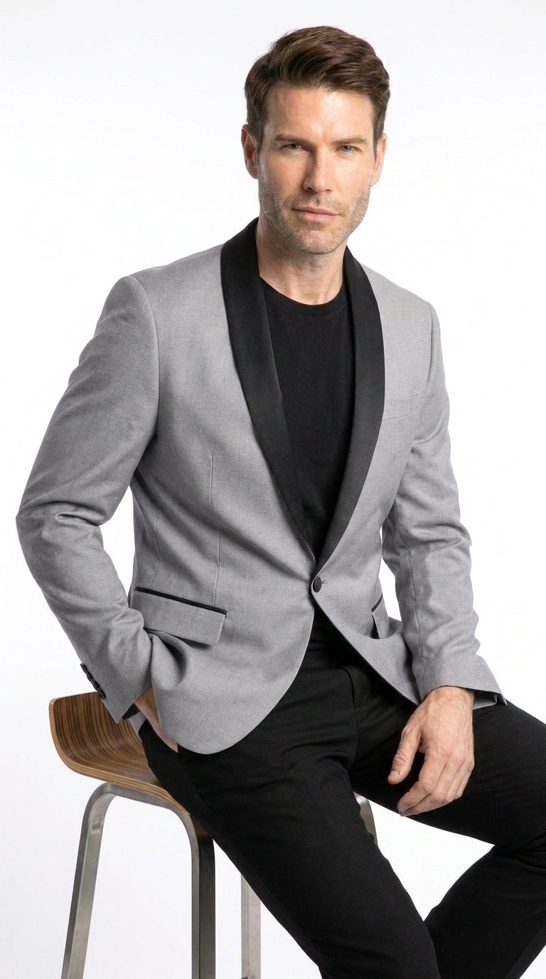 Men’s Light Grey Wool Dinner Jacket, 1 Button Black Shawl Lapel Formal Tuxedo Blazer