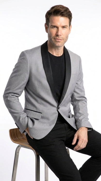 Men’s Light Grey Wool Dinner Jacket, 1 Button Black Shawl Lapel Formal Tuxedo Blazer