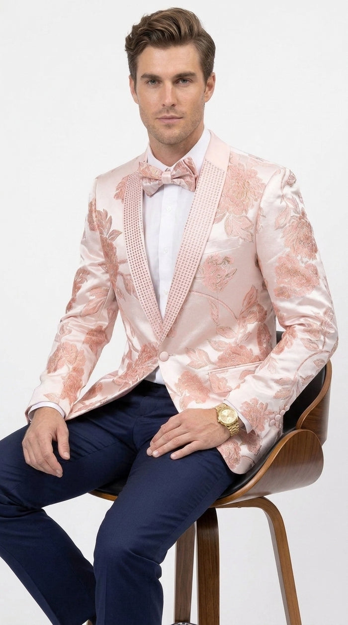 Men’s Pink Satin Paisley Prom Tuxedo Dinner Jacket, Floral Sport Coat Wedding Party Blazer