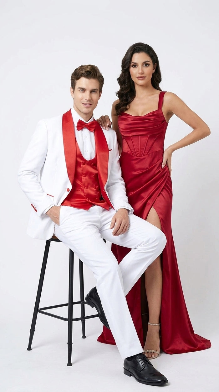 Men’s White and Red 3-Piece Tuxedo – One-Button Shawl Lapel Wedding, Prom and Formal Suit with Vest