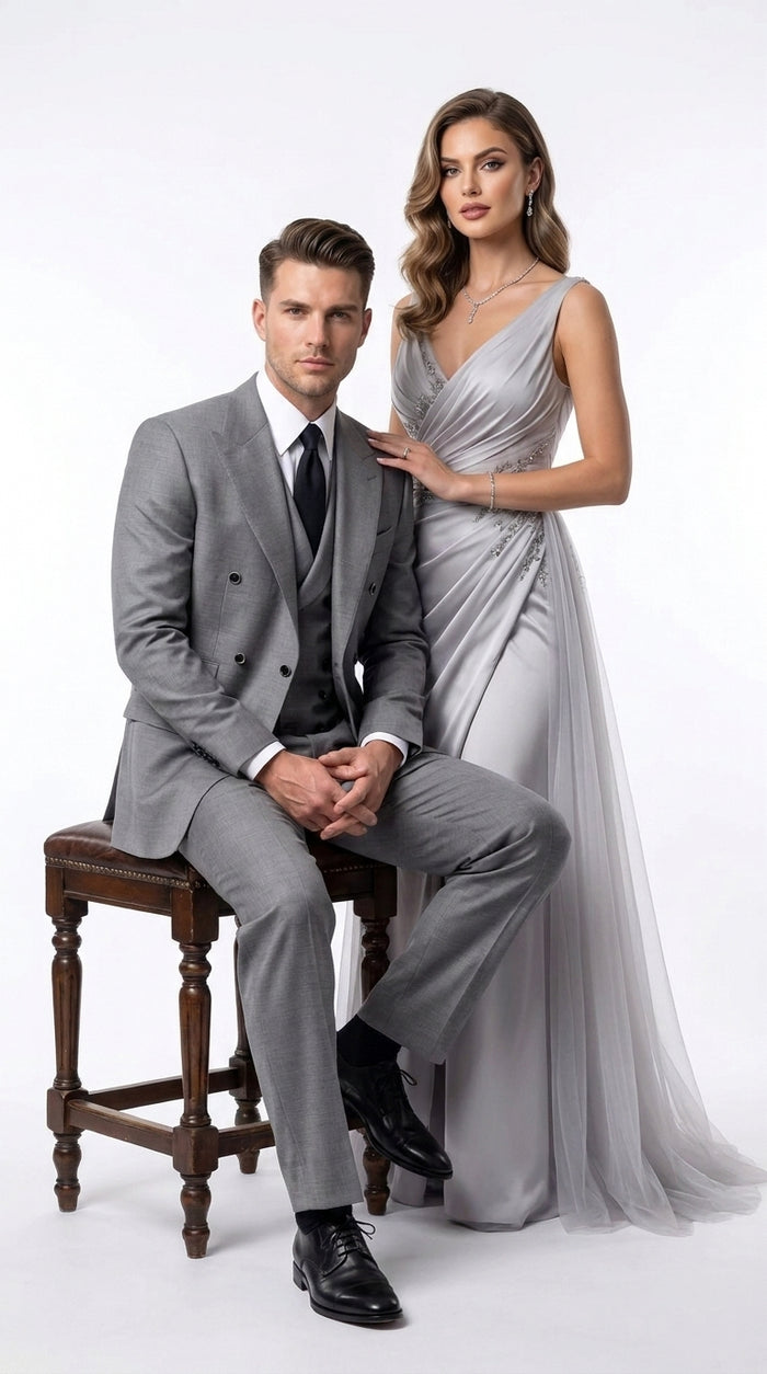 Tiglio Rosso Men’s Gray Super 150’s Italian Wool 3-Piece Suit – Double-Breasted Jacket, Vest and Wide-Leg Pants