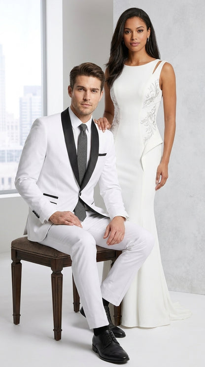Men’s White 1-Button Shawl Lapel Tuxedo Jacket – Black Trim Wedding, Prom and Formal Dinner Blazer
