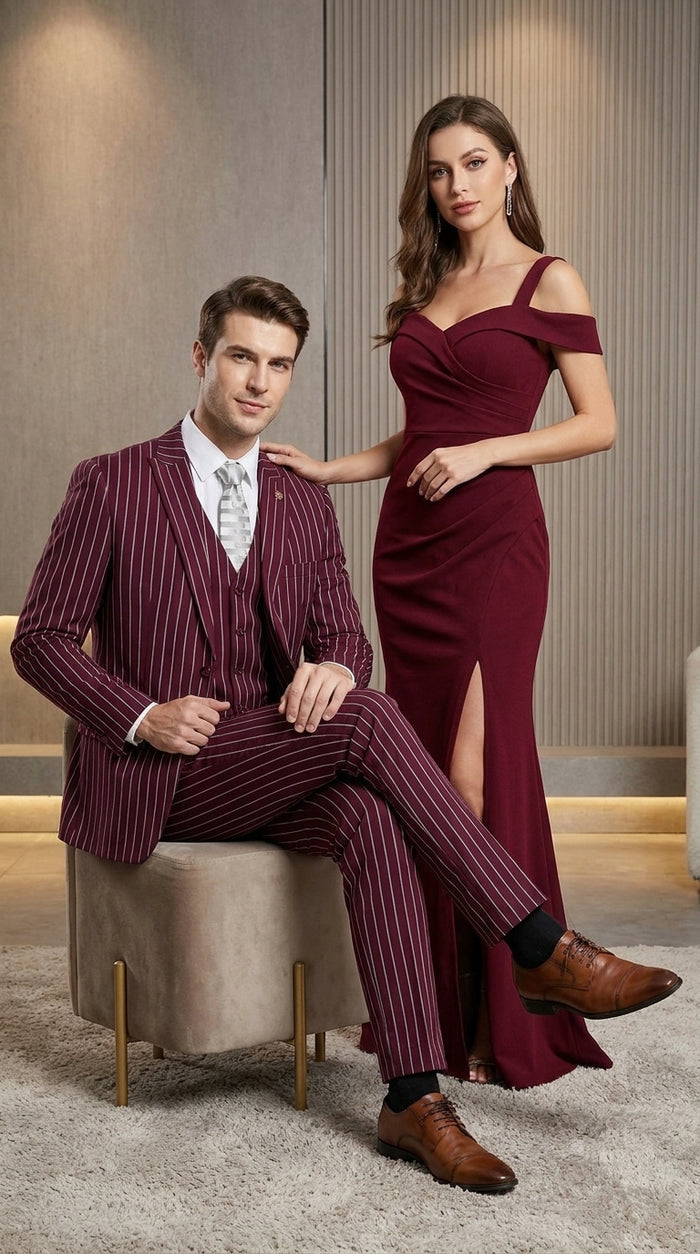 Men’s 3-Piece Gangster Pinstripe Suit – 2-Button Vintage Suit in Black, Grey or Burgundy