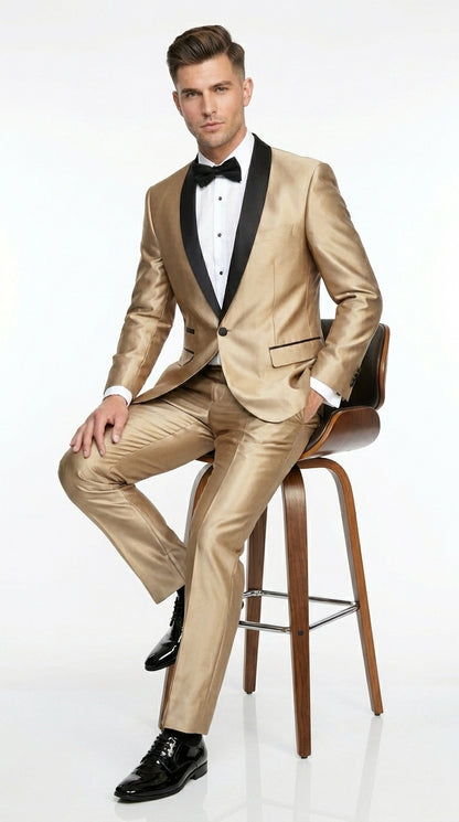 Men’s Gold Shiny Sharkskin Tuxedo with One Button Jacket, Black Shawl Lapel and Matching Pants