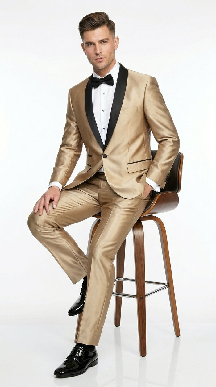 Men’s Gold Shiny Sharkskin Tuxedo with One Button Jacket, Black Shawl Lapel and Matching Pants