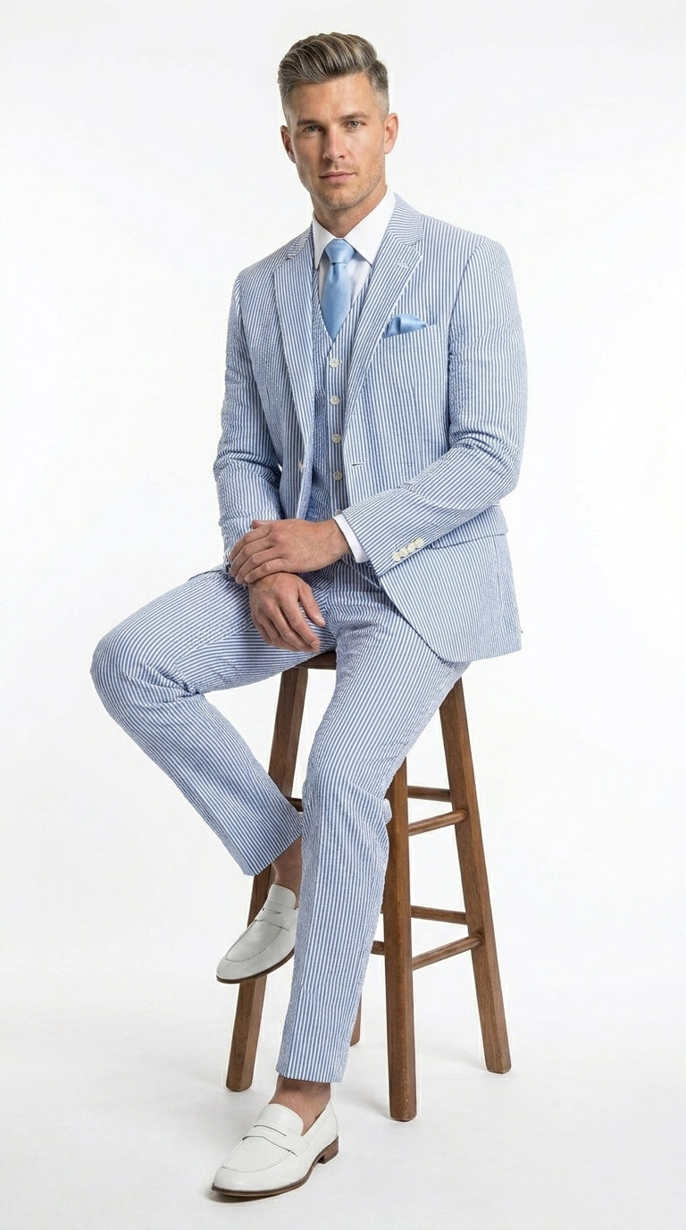 Men’s Light Blue Seersucker Jacket + Pants Suit with 2 Button Jacket, Summer Wedding Formal Dress Suit