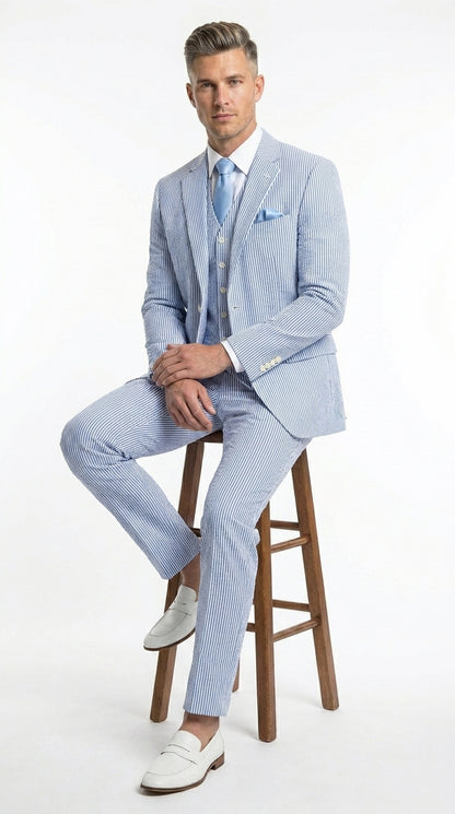 Men’s Light Blue Seersucker Jacket + Pants Suit with 2 Button Jacket, Summer Wedding Formal Dress Suit