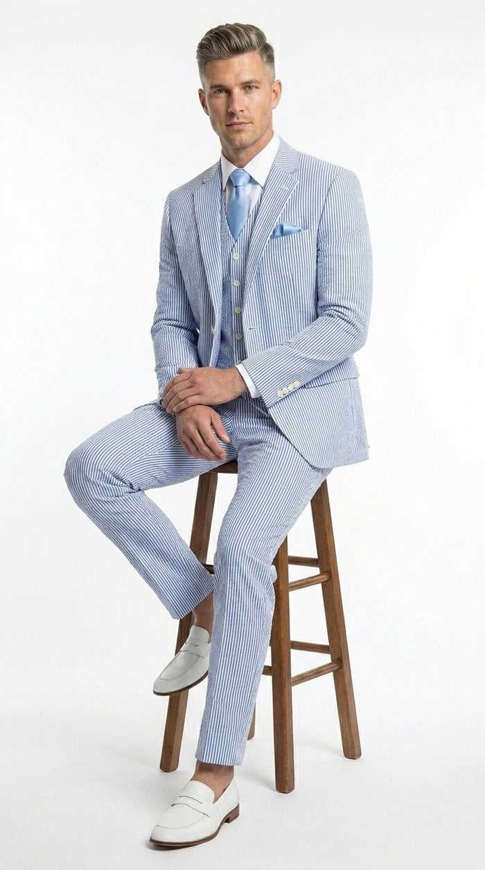 Men’s Light Blue Seersucker Jacket + Pants Suit with 2 Button Jacket, Summer Wedding Formal Dress Suit