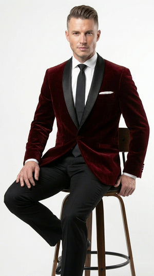 Men's One Button Velvet Shawl BMen’s Burgundy Velvet One Button Tuxedo Jacket, Black Shawl Collar Formal Dinner Blazer for Weddings, Prom, Parties, and Special Occasionsurgundy Collar Tuxedo Jacket