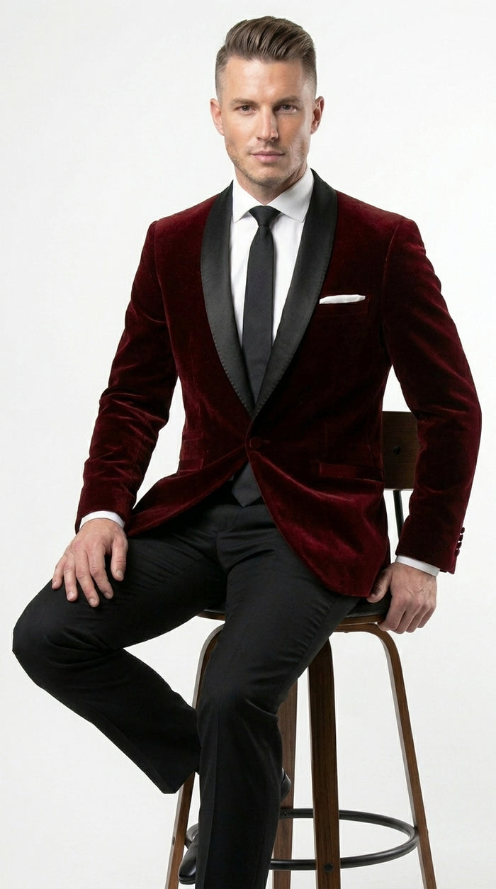 Men's One Button Velvet Shawl BMen’s Burgundy Velvet One Button Tuxedo Jacket, Black Shawl Collar Formal Dinner Blazer for Weddings, Prom, Parties, and Special Occasionsurgundy Collar Tuxedo Jacket