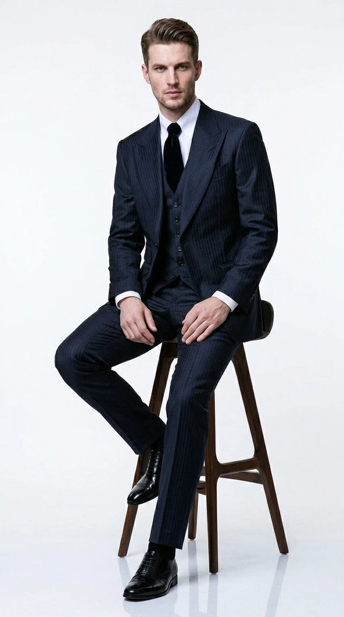 Men’s Navy Herringbone Textured 3 Piece Suit Set, Classic Formal Blazer, Waistcoat and Trouser Outfit