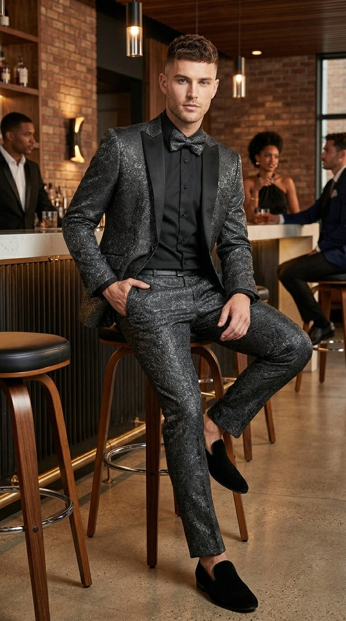Men’s Black Patterned Tuxedo Suit, Wedding Prom Formal Dinner Suit with Satin Lapel