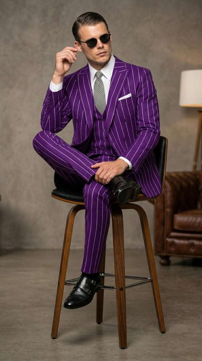Men’s Purple Pinstripe 1920s Gangster Suit, Vintage Formal 3 Piece Wedding Prom Suit Set