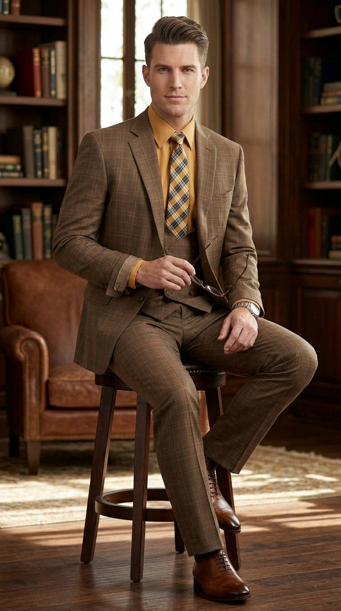 Men’s Brown Windowpane Plaid 3 Piece Suit, Two Button Peak Lapel Classic Formal Suit Set