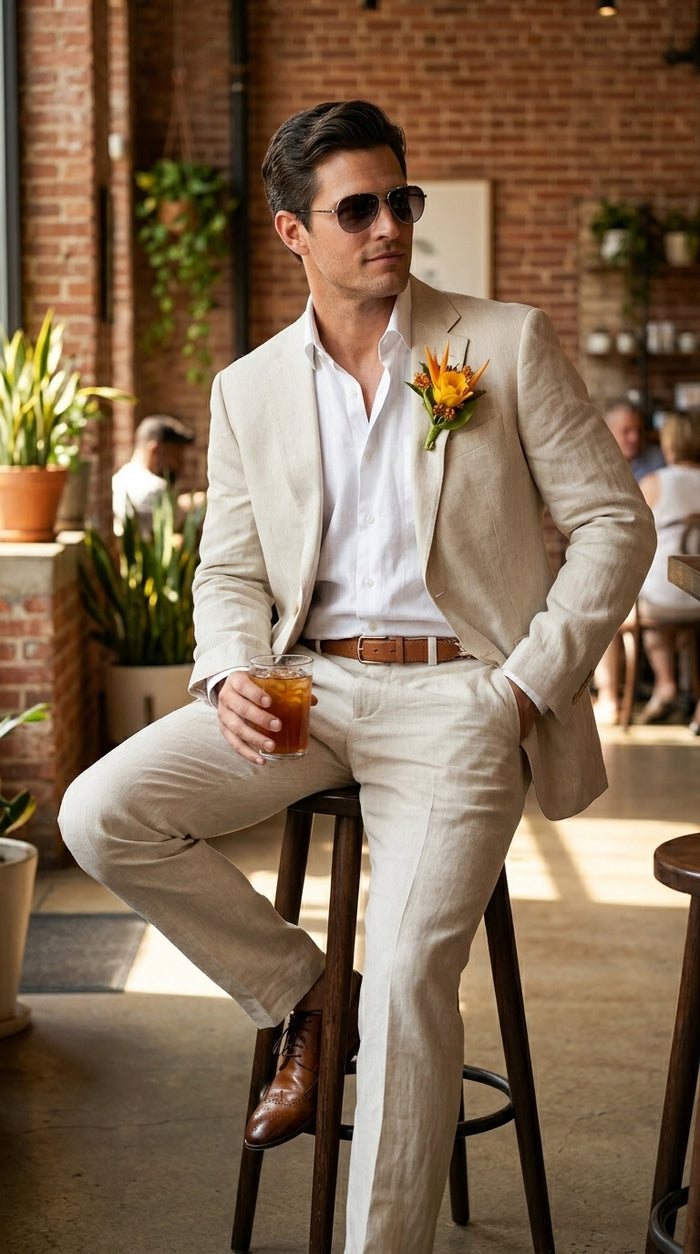 Men’s Natural Sand Light Tan Linen Suit, Summer Beach Wedding Formal Suit Set