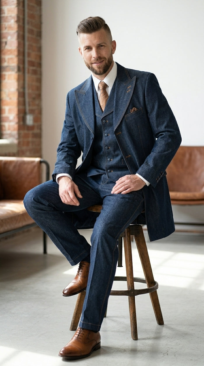 Men’s Blue Denim Zoot Suit, Long Vested Vintage Jeans Style Formal Suit Set