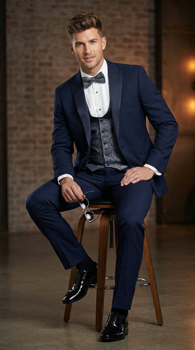 Men’s Indigo Blue One Button Shawl Tuxedo with Paisley Vest, Formal Wedding Prom Dinner Suit Set