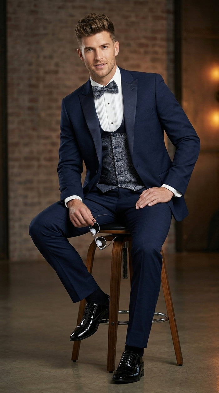 Men’s Indigo Blue One Button Shawl Tuxedo with Paisley Vest, Formal Wedding Prom Dinner Suit Set