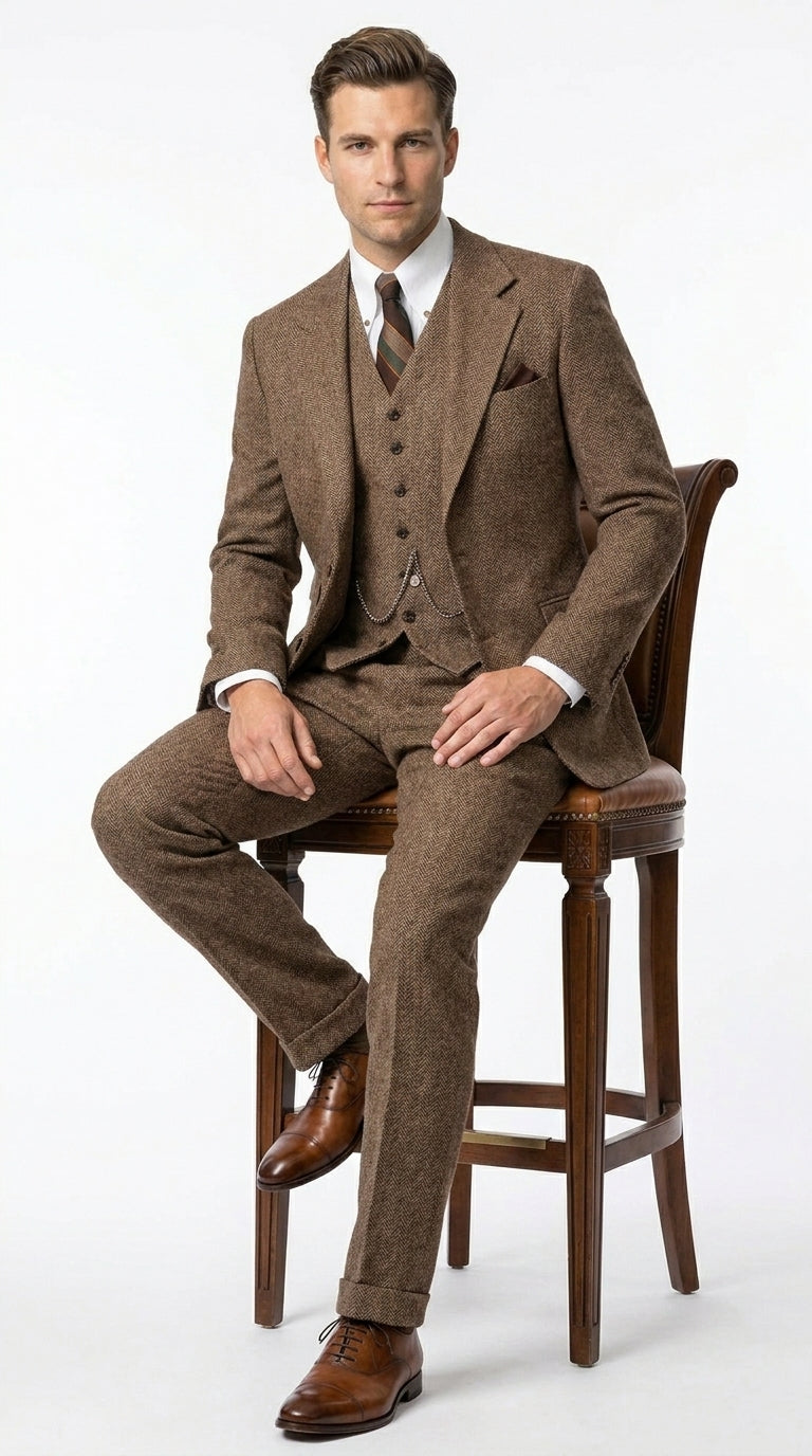 Men’s Light Brown Tweed Herringbone 3 Piece Great Gatsby Suit, Vested Vintage Wedding Formal Suit Set