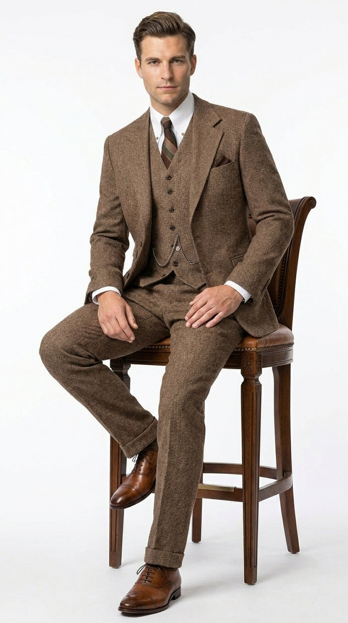 Men’s Light Brown Tweed Herringbone 3 Piece Great Gatsby Suit, Vested Vintage Wedding Formal Suit Set